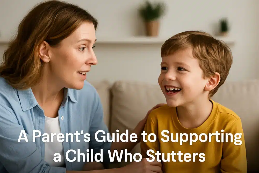 Smiling mother and young boy sharing a joyful moment on a couch, promoting a guide on how parents can support children who stutter.