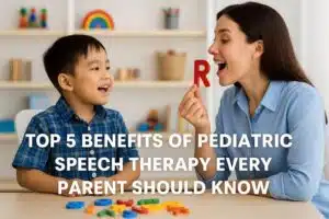 Child and speech therapist practicing pediatric speech therapy with alphabet letters in a bright, playful therapy room — boosting communication skills and confidence.