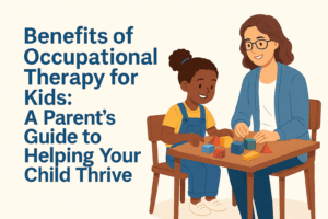 Illustration of a supportive pediatric occupational therapy session with a child and therapist engaging in play-based activities, representing developmental support, sensory integration, and family-centered care.