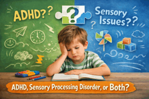 Illustration of a young child sitting at a desk looking overwhelmed, with visual symbols representing ADHD and sensory processing challenges on either side, highlighting the question “ADHD, Sensory Processing Disorder, or Both?”