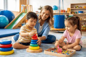 Pediatric therapist guiding two young children through a play-based therapy activity in a sensory gym setting.