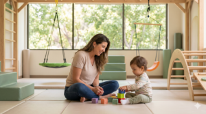 A professional pediatric occupational therapist (Sage archetype) smiling warmly while engaging a child in play-based therapy at a state-of-the-art sensory gym in La Cañada, CA.