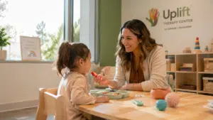 Licensed pediatric occupational therapist conducting a warm, play-based feeding therapy evaluation with a young child in a welcoming La Cañada clinic.