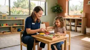 Licensed pediatric occupational therapist conducting a warm, play-based feeding therapy evaluation with a young child in a welcoming La Cañada clinic.